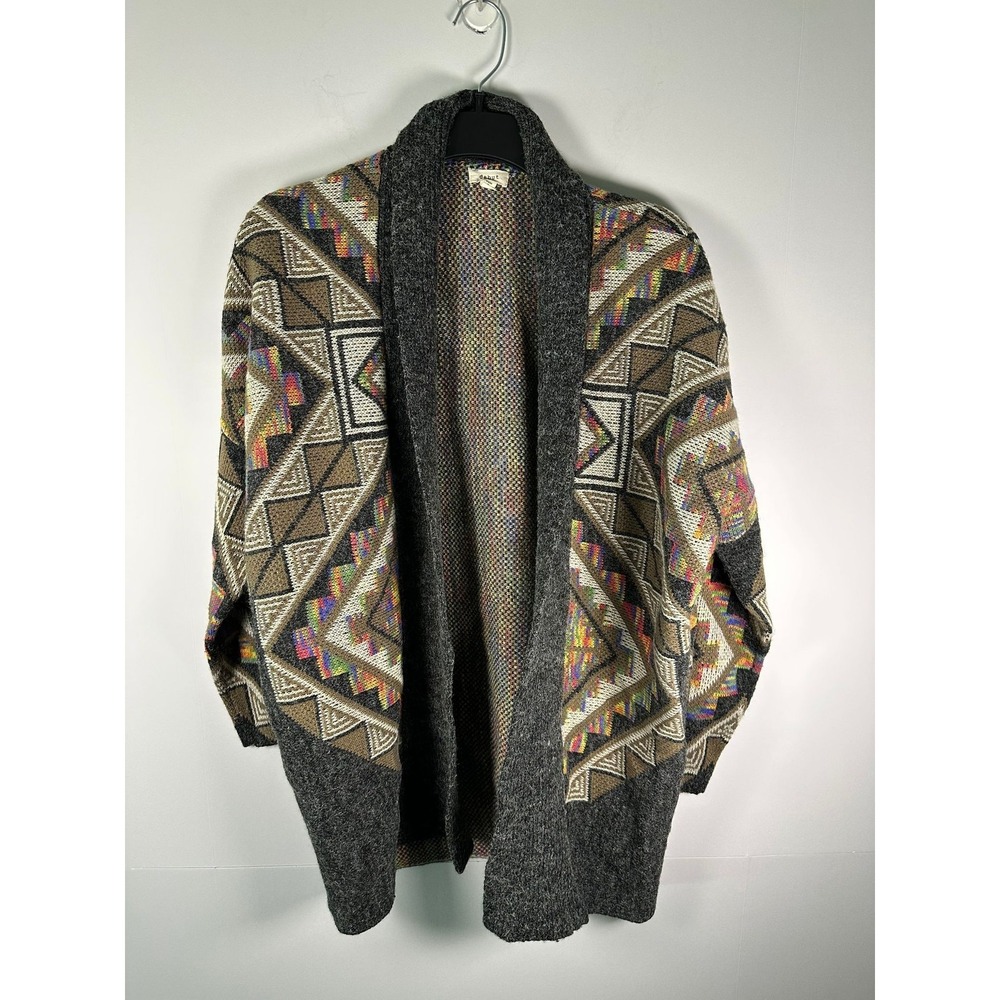 Debut Cardigan Womens S/M Aztec Geometric Open Front Longline Knit Gray Cozy